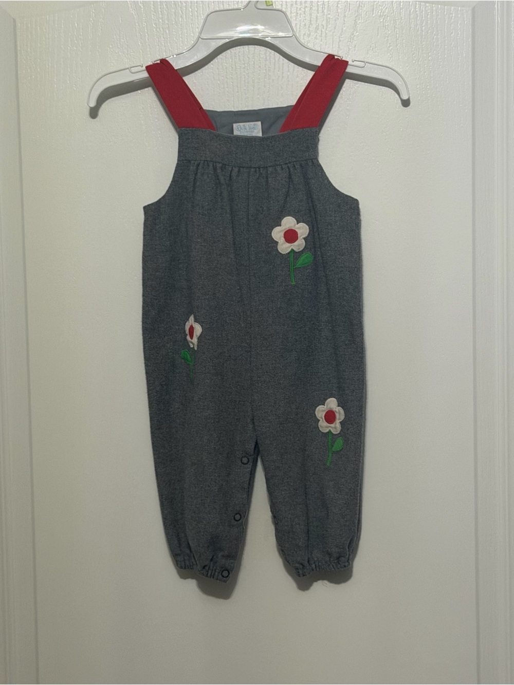 Gray Floral Applique Overalls - 12-18 mo.